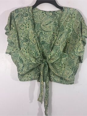 Vintage Silk Paisley Tie Front Blouse Green Boho Crop Top Sheer Flutter Sleeve